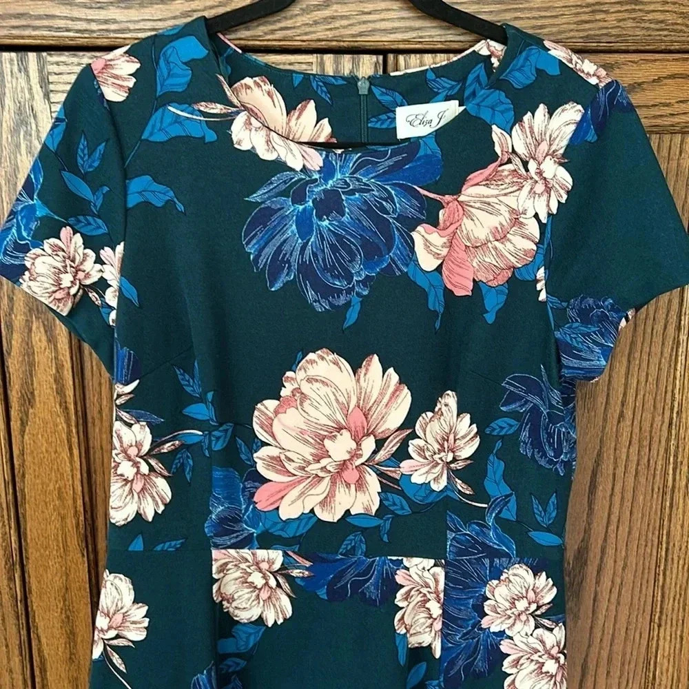 Eliza J Fit & Flare Short Sleeve Dress in Pine Floral Stretchy Jewel - Size 14 - Picture 4 of 6